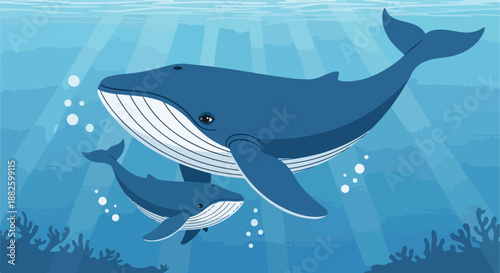 Majestic mother blue whale and her calf gracefully swim through sunlit ocean depths, a serene depiction of marine family life and underwater beauty