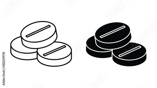 Stacked pills medicine flat design vector illustration. Vector icon set. Clipart image. Glyph and solid icon set. Icon vector. Flat Design Icon. line icon set