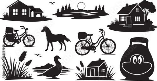Black and white countryside scene with various rural icons
