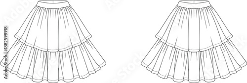fashion, apparel, garment, clothing, skirt, layered, tiered, illustration, sketch, vector, design, template, outline, pattern, textile, fabric, flared, volume, silhouette, hem, feminine
