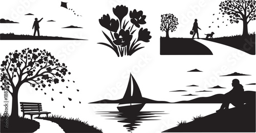 Serene Park Scenes with Silhouettes of Nature and Leisure