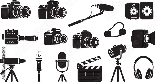 Various Film and Photography Equipment Icons in Black Color