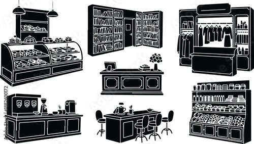 Various store counters and shelves in black and white