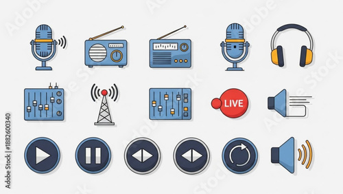 Collection of audio and broadcast icons including microphones radios headphones and sound controls flat vector design for media and technology concepts