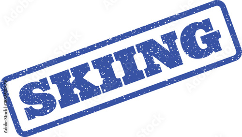 Distressed rubber stamp effect text reading SKIING conveying winter sports and outdoor recreational activities