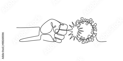 A simple continuous line drawing of a human fist punching a coronavirus particle