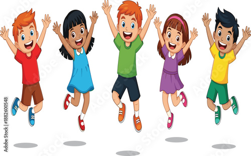 Five happy children jumping with arms raised, colorful clothes, joyful expressions, playful energy in fun cartoon vector illustration on white background