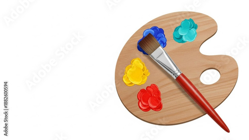 Artists wooden palette with colorful paints and a brush isolated on white background concept for creativity and art
