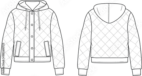Flat vector CAD drawing of quilted hooded jacket front and back view, technical outerwear sketch for fashion design, clothing template