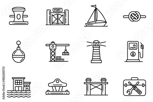 Line art port and shipping icon set featuring a sailboat, lighthouse, and crane for marine logistics