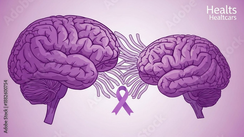 Two purple brains connected by abstract lines and a ribbon symbolizing communication and awareness for neurological health ideal for medical concepts