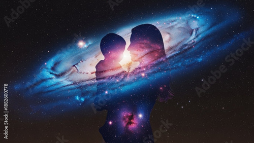 Mother and child silhouette embracing superimposed with a vibrant galaxy and nebula symbolizing cosmic love and connection perfect for conceptual backgrounds