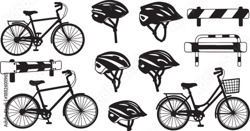 Bicycles, Helmets, and Road Safety Icons in Black and White