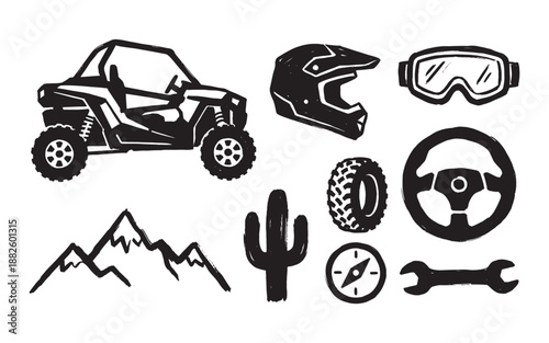 Off-Road Adventure Icon Set with UTV Buggy Helmet Compass and Mountain Elements