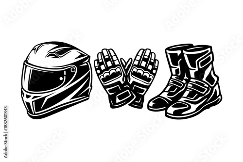 Motorsport gear set icon including helmet, gloves, and racing boots