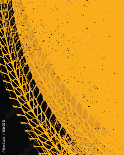 Abstract yellow and black background of tire tracks with grunge splashes
