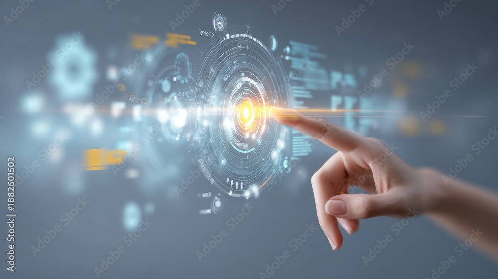 Fototapeta premium Hand Reaching Towards Digital Interface Featuring Futuristic Data Visualization and Technology Concepts for Innovative Futures in Business and Communication