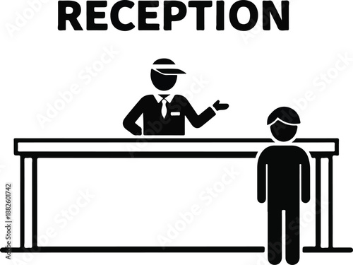 Reception desk with a person and a receptionist icon graphic Art & Illustration