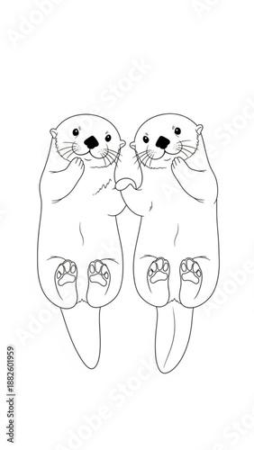 Two cartoon otters holding hands while floating on water  