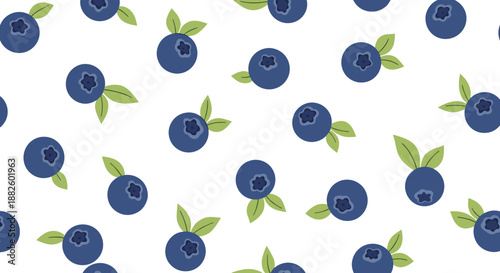 A simple and cute seamless pattern of fresh blueberries with small green leaves scattered across a clean white background for a minimalist design.