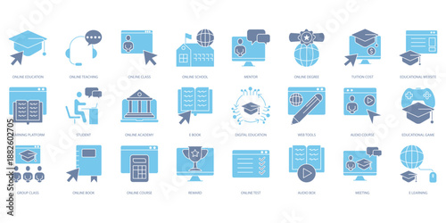 online education icons set. Set of editable stroke icons.Set of online education