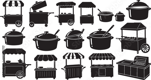 Food Carts and Stalls with Various Cooking Equipment Icons