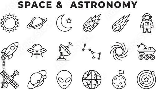 Line Space and Astronomy Icons Set with Rocket, Astronaut, Planet, Galaxy, Telescope, Satellite and Cosmic Science Symbols, Minimal Vector Illustration Isolated on White