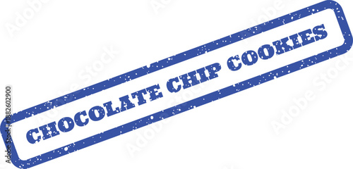 Grungy blue rubber stamp effect text CHOCOLATE CHIP COOKIES diagonally printed on a clean surface