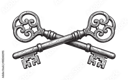 Two Crossed Ornate Antique Skeleton Keys