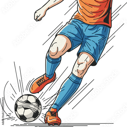 Dynamic vector illustration capturing the exhilarating moment of a soccer player executing a powerful kick, showcasing the speed and agility inherent in the sport with vibrant energy