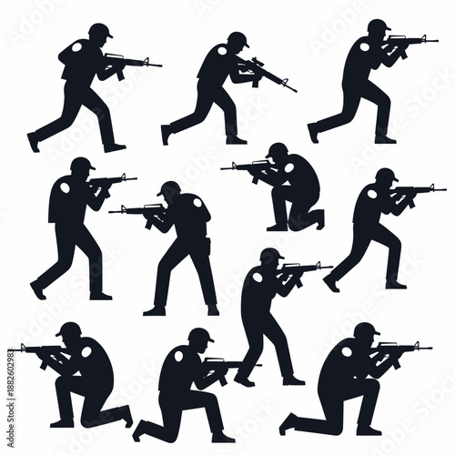 Soldier Silhouette Set: Military Action Poses with Rifles