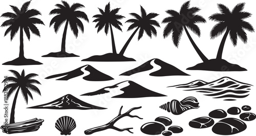 Tropical Island Silhouette with Palm Trees and Beach Elements