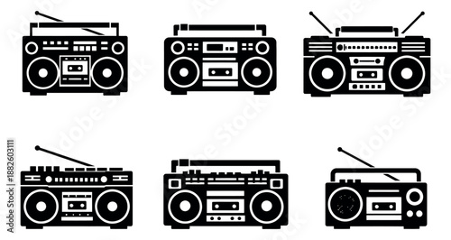 Graphic boombox icons set featuring various retro radio cassette players for music and audio concepts