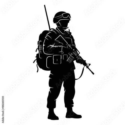 Silhouette of a soldier with backpack and rifle, ready for combat