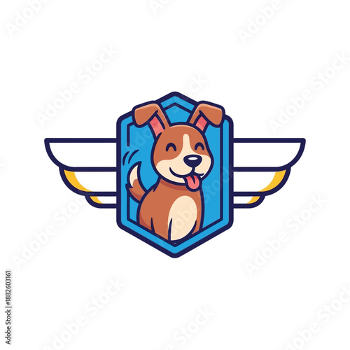 Happy Dog Emblem Badge with Wings, Cartoon Pet Logo Design