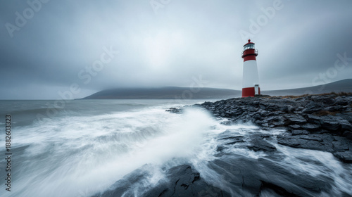 Lighthouse on rocky coast with waves crashing under cloudy sky, creating dramatic and moody seascape atmosphere