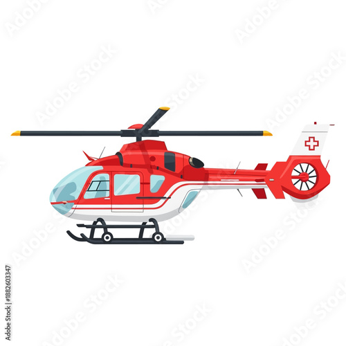 Red medical helicopter with white cross, air ambulance, emergency transport, vector illustration
