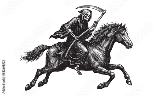 Grim Reaper Death Riding a Galloping Skeleton Horse