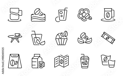 Coffee line icon set. Roaster, maker machine, beans, espresso cup outline icon set