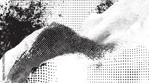 Textured abstract background with halftone dots and distressed fabric weave effect in black and white