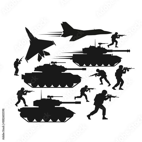 Military Combat Silhouettes: Soldiers, Tanks, and Jets in Action
