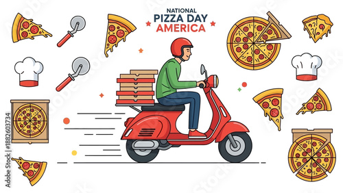 Vector illustration of a delivery person riding a scooter on National Pizza Day in America surrounded by pizzas and utensils.