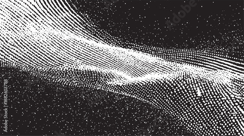 Abstract black and white textured background with flowing wavy lines and scattered dots creating a sense of depth and movement like a digital landscape or sound wave