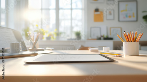 Digital drawing tablet on bright artist desk with pencils, cup, and sunlight through window creating warm creative workspace atmosphere