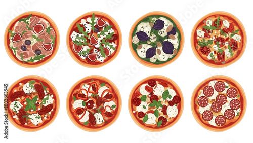Vector illustrations of eight different pizzas on a white background for National Pizza Day or menu design, showcasing various Italian food toppings.