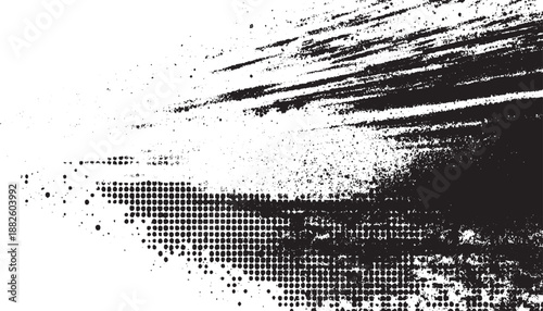 Dynamic abstract black and white grunge texture with scattered dots and brush strokes creating a sense of motion and decay