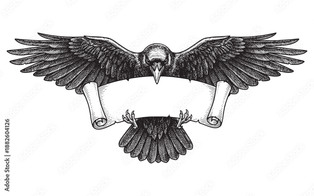 Fototapeta premium Raven Bird Flying and Holding a Blank Ribbon Scroll Banner in its Talons