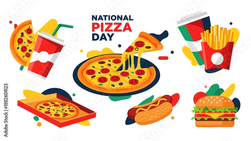 Colorful flat lay illustration of various Italian American foods celebrating National Pizza Day with a vibrant and appetizing mood.