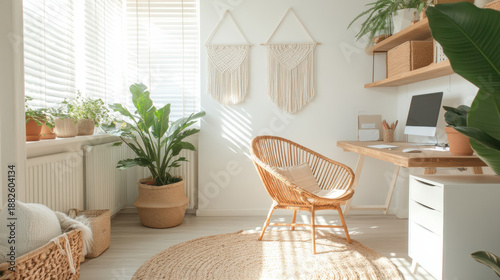 Boho style home office with rattan chair, macrame wall hangings, natural light, plants, and wooden desk creating cozy, bright workspace