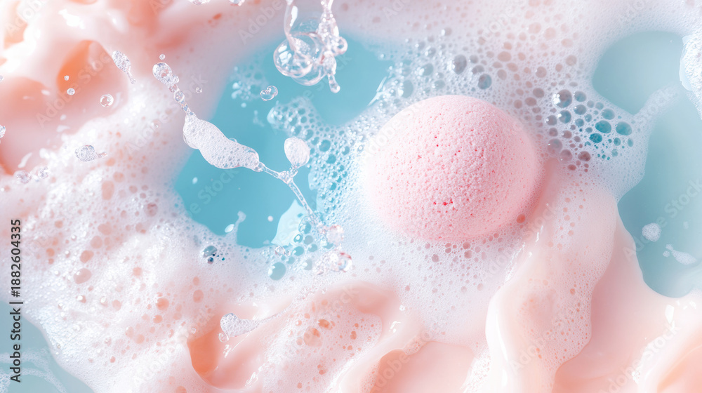Obraz premium Pink bath bomb fizzing in blue water with white foam bubbles creating soft and relaxing atmosphere for self care and spa moments